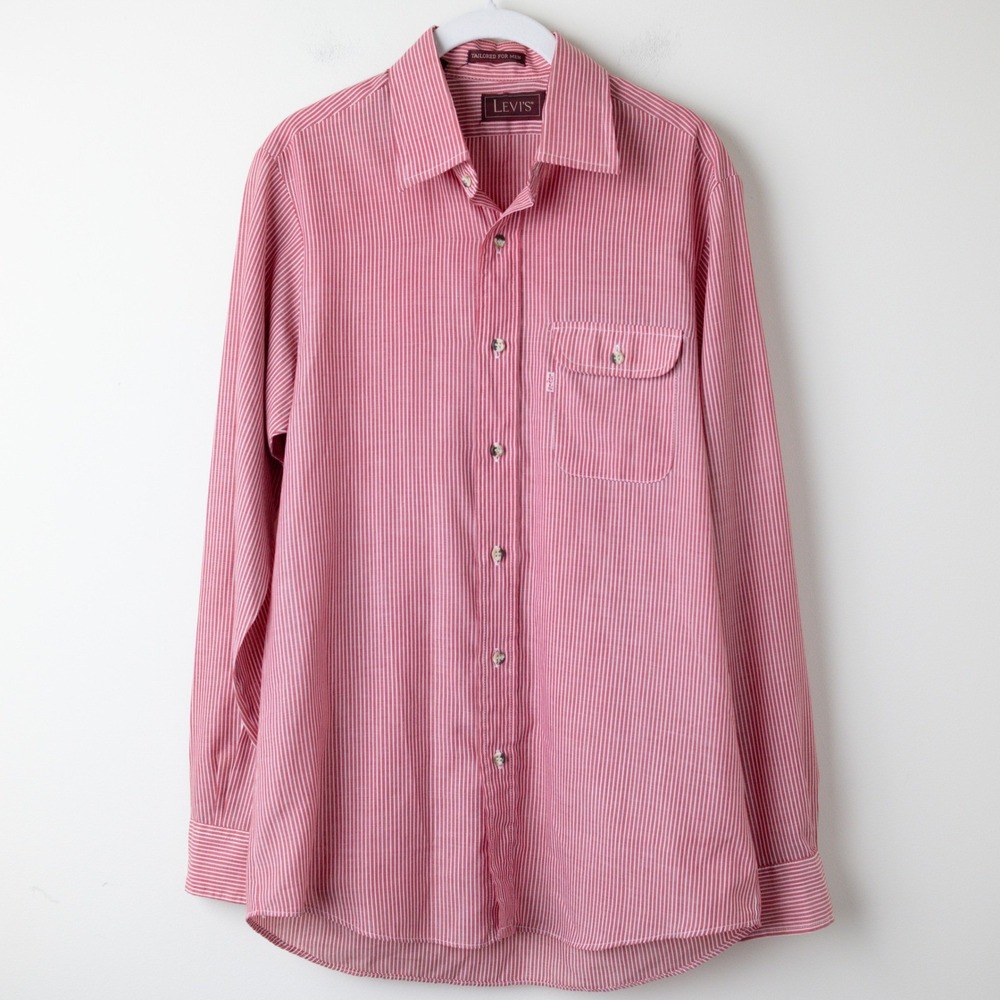 Vintage 70s Levi's Striped Shirt Mens Medium Red Button Up‎ Long Sleeve